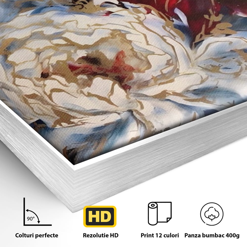 Detaliu al suprafetei: tablou canvas cu trei bujori si foita aurie, in rama de aluminiu argintiu